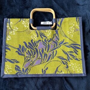 Elegant Green and Purple Floral Tote with Wooden Handles